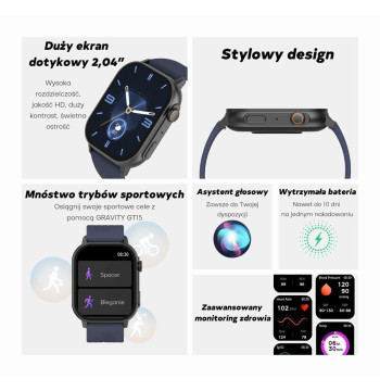 Smartwatch Damski GRAVITY GT15-12 Granatowy Pasek Silikonowy + Czarna Bransoleta