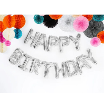 Balon foliowy dekoracja urodzinowa Happy Birthday srebrna 340cm x 35cm