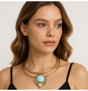 NASZYJNIK KOLIA PODWÓJNA OBRĘCZ BLUE STONE N229