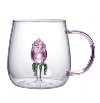 Szklanka ze szklanym tulipanem w środku, różowa rączka 400ml - SZK129