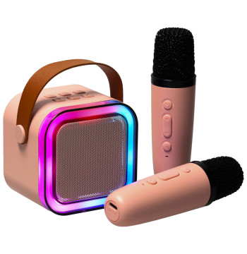 Zestaw do karaoke głośnik Bluetooth 2 mikrofony USB LED 6W różowy