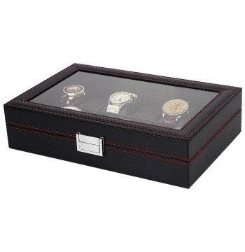 Szkatułka pudełko na zegarki na 10szt Karbon czarny, przeszycia 28 x 22 x 8cm PD136