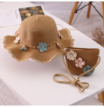 ZESTAW torebka i kapelusz 52cm dla dziewczynki słomiane BOHO KWIATY CZ38