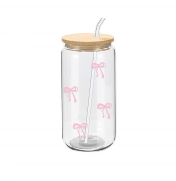 Szklanka, różowe kokardki - z rurką i bambusową pokrywką 500 ml - SZK131