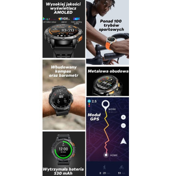 Smartwatch Męski GRAVITY GPS GT24-3 Czarny Pasek Silikonowy + Pomarańczowy Pasek Silikonowy
