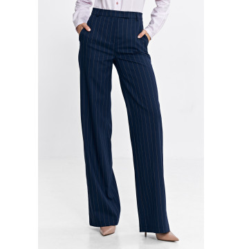 Spodnie bootcut z krytym guzikiem prążek SD103 Navy - Nife