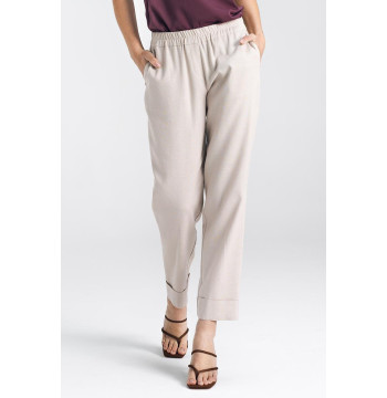 Spodnie lniane z gumką w pasie SD84 Beige - Nife
