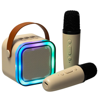 Zestaw do karaoke głośnik Bluetooth 2 mikrofony USB LED 6W beżowy