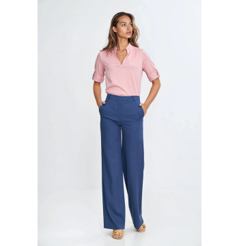 Spodnie bootcut z rayonu z krytym guzikiem SD111 Cobalt - Nife